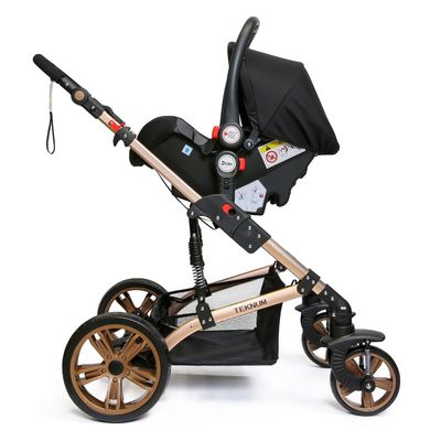 Teknum 3In1 Pram Stroller | Sleeping Bassinet | Extra Wide Seat | Wide Canopy | 360° Rotating Wheels | Fully Reclinable | Car Seat Compatible | Coffee Holder | Spill Proof Mat | Newborn Baby | 0 - 3 Years | Khaki + Infant Car Seat